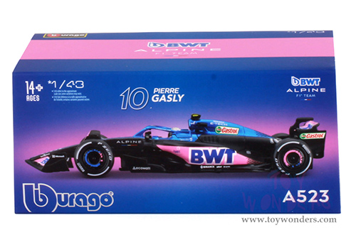 Bburago Formula Racing - BWT Alpine A523 #10 Pierre Gasly with Driver Formula One F1 (2023) (1/43 scale diecast model car, Blue/Black/Pink) 18-38073/10