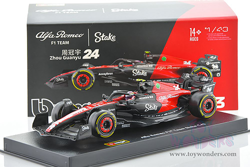 Bburago Formula Racing - Alfa Romeo F1 Team Stake C43 #24 Zhou Guanyu with Driver Formula One F1 Bahrain GP (2023) (1/43 scale diecast model car, Red/Black) 18-38086/24