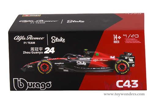 Bburago Formula Racing - Alfa Romeo F1 Team Stake C43 #24 Zhou Guanyu with Driver Formula One F1 Bahrain GP (2023) (1/43 scale diecast model car, Red/Black) 18-38086/24