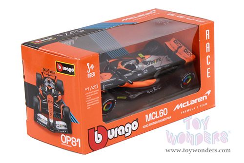 Bburago Formula Racing - McLaren F1 Team #4 Lando Norris Formula One F1 British GP (2023) (1/43 scale diecast model car, Black/Orange/Silver) 18-38087/4