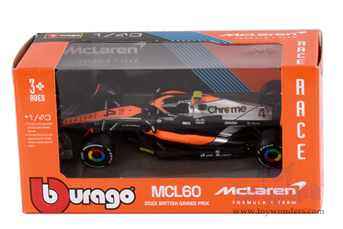 Bburago Formula Racing - McLaren F1 Team #4 Lando Norris Formula One F1 British GP (2023) (1/43 scale diecast model car, Black/Orange/Silver) 18-38087/4