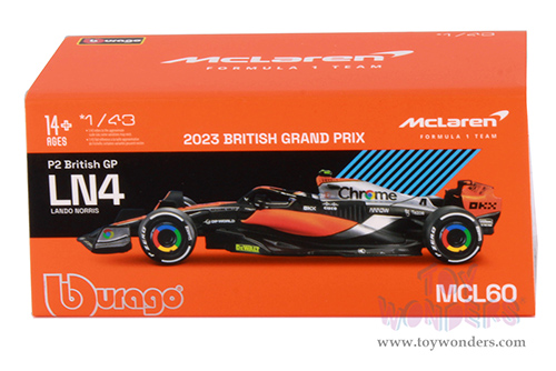 Bburago Formula Racing - McLaren F1 Team #4 Lando Norris with Driver Formula One F1 British GP (2023) (1/43 scale diecast model car, Black/Orange/Silver) 18-38088/4