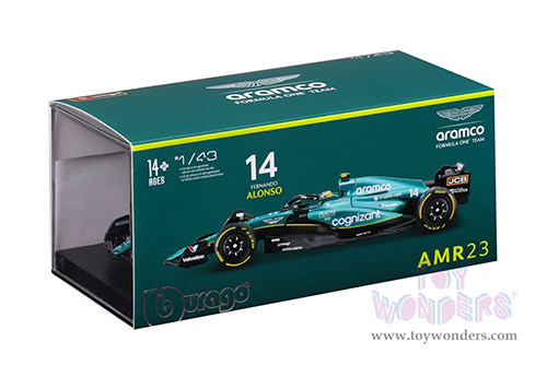 Bburago Formula Racing - Aston Martin AMR23 F1 Team #14 Fernando Alonso with Driver Formula One (2023) (1/43 scale diecast model car, Green) 18-38091/14