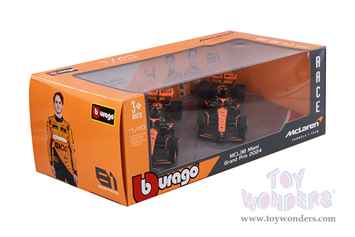 Bburago Formula Racing - McLaren MCL38 2-Pack Miami Grand Prix Formula One F1 (2024) (1/43 scale diecast model car, Black/Orange) 18-38202