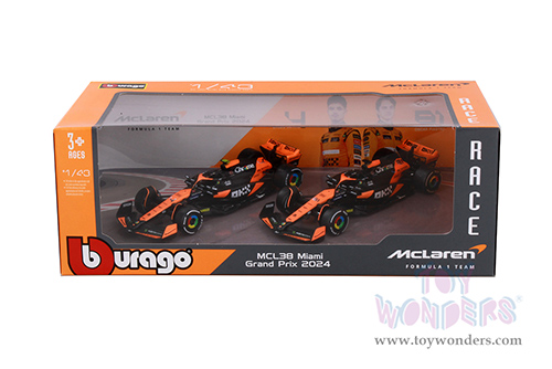 Bburago Formula Racing - McLaren MCL38 2-Pack Miami Grand Prix Formula One F1 (2024) (1/43 scale diecast model car, Black/Orange) 18-38202