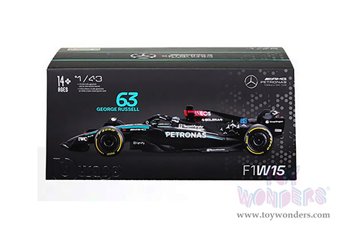 Bburago Formula Racing - Mercedes AMG Petronas F1 Team #63 George Russell with Driver Formula One F1 W15 E Performance (2024) (1/43 scale diecast model car, Black) 18-38209/63
