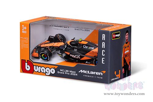 Bburago Formula Racing - McLaren F1 Team #4 Lando Norris "OKX" Winner Formula One F1 Miami GP 2024 (1/43 scale diecast model car, Black/Orange) 18-38214/4