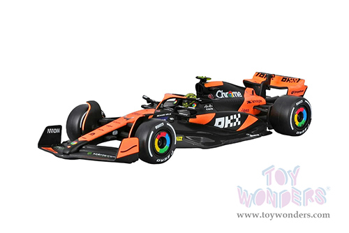 Bburago Formula Racing - McLaren F1 Team #4 Lando Norris with Driver "OKX" Winner Formula One F1 Miami GP (2024) (1/43 scale diecast model car, Black/Orange) 18-38215/4