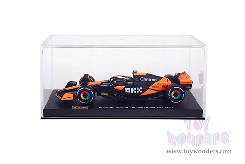 Bburago Formula Racing - McLaren F1 Team #4 Lando Norris with Driver "OKX" Winner Formula One F1 Miami GP (2024) (1/43 scale diecast model car, Black/Orange) 18-38215/4