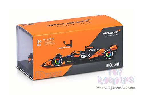 Bburago Formula Racing - McLaren F1 Team #4 Lando Norris with Driver "OKX" Winner Formula One F1 Miami GP (2024) (1/43 scale diecast model car, Black/Orange) 18-38215/4