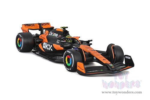 Bburago Formula Racing - McLaren F1 Team #4 Lando Norris with Driver "OKX" Winner Formula One F1 Miami GP (2024) (1/43 scale diecast model car, Black/Orange) 18-38215/4