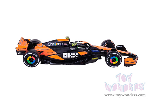 Bburago Formula Racing - McLaren F1 Team #4 Lando Norris with Driver "OKX" Winner Formula One F1 Miami GP (2024) (1/43 scale diecast model car, Black/Orange) 18-38215/4