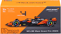 Show product details for Bburago Formula Racing - McLaren F1 Team #4 Lando Norris with Driver "OKX" Winner Formula One F1 Miami GP (2024) (1/43 scale diecast model car, Black/Orange) 18-38215/4