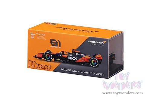 Bburago Formula Racing - McLaren F1 Team #81 Oscar Piastri with Driver "OKX" Formula One F1 Miami GP (2024) (1/43 scale diecast model car, Black/Orange) 18-38215/81