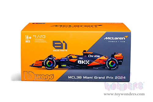 Bburago Formula Racing - McLaren F1 Team #81 Oscar Piastri with Driver "OKX" Formula One F1 Miami GP (2024) (1/43 scale diecast model car, Black/Orange) 18-38215/81