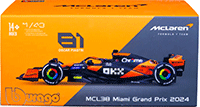 Bburago Formula Racing - McLaren F1 Team #81 Oscar Piastri with Driver "OKX" Formula One F1 Miami GP (2024) (1/43 scale diecast model car, Black/Orange) 18-38215/81; 
