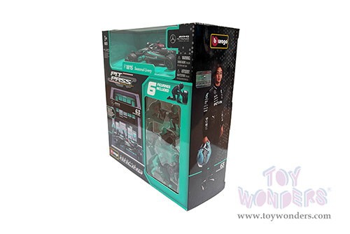 Bburago Formula Racing - Mercedes AMG Petronas F1 Team #63 George Russell F1 W15 Diorama Playset (1/43 scale diecast model car, Black/Silver/Green) 18-38452/63