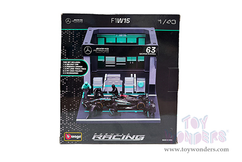 Bburago Formula Racing - Mercedes AMG Petronas F1 Team #63 George Russell F1 W15 Diorama Playset (1/43 scale diecast model car, Black/Silver/Green) 18-38452/63