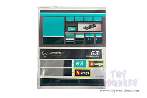 Bburago Formula Racing - Mercedes AMG Petronas F1 Team #63 George Russell F1 W15 Diorama Playset (1/43 scale diecast model car, Black/Silver/Green) 18-38452/63