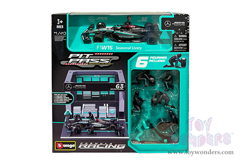 Bburago Formula Racing - Mercedes AMG Petronas F1 Team #63 George Russell F1 W15 Diorama Playset (1/43 scale diecast model car, Black/Silver/Green) 18-38452/63