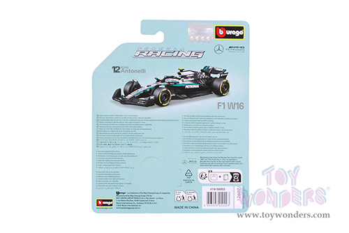 BBurago Formula Racing - Mercedes AMG Petronas W16 #12 Kimi Antonelli Formula One F1 (2025) (1/64 scale diecast model car, Black/Gray) 18-58002/12