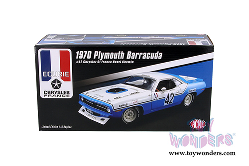 Acme - Plymouth Barracuda #42 Chrysler Of France Henri Chemin Hardtop (1970, 1/18 scale diecast model car, Lite Blue/White) 1806102