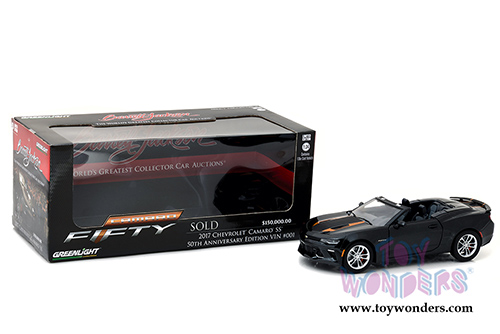 Greenlight Barrett Jackson - Palm Beach 2016 Chevrolet Camaro Convertible 50th Anniversary Vin #001 Sold for $150.000 (2017, 1/24 scale diecast model car, Black) 18232