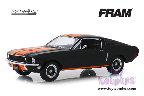 Greenlight Hollywood - Ford Mustang GT Fastback FRAM Oil Filters (1968, 1/24 scale diecast model car, Black/Orange) 18253