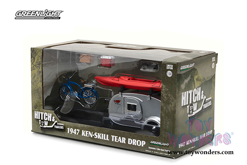 Greenlight - Hitch & Tow Trailers Series 2 | Ken Skill Tear Drop Trailer with Accessories (1947, 1/24 scale diecast model car, Silver) 18420A/12