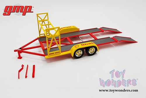 GMP - Shell Oil Tandem Car Trailer with Tire Rack (1:18 scale diecast model car, Yellow) 18948