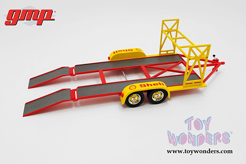 GMP - Shell Oil Tandem Car Trailer with Tire Rack (1:18 scale diecast model car, Yellow) 18948