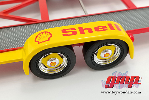 GMP - Shell Oil Tandem Car Trailer with Tire Rack (1:18 scale diecast model car, Yellow) 18948