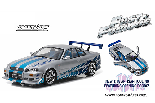 Greenlight - Artisan Fast & Furious - Nissan Skyline GT-R - 2 Fast 2 Furious (1999, 1/18 scale diecast model car, Silver/Blue) 19029