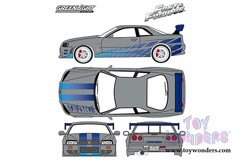 Greenlight - Artisan Fast & Furious - Nissan Skyline GT-R - 2 Fast 2 Furious (1999, 1/18 scale diecast model car, Silver/Blue) 19029