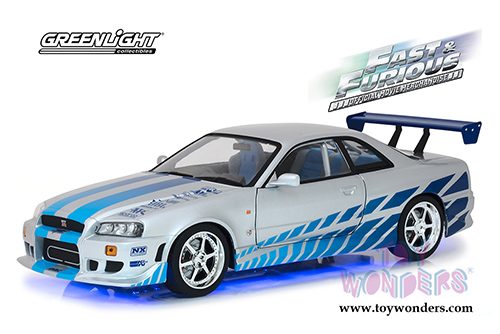 Greenlight - Artisan Fast & Furious - Nissan Skyline GT-R (R34) With Blue Neon LED Lights  (1999, 1/18 scale diecast model car, Silver/Blue) 19041
