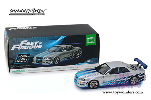 Greenlight - Artisan Fast & Furious - Nissan Skyline GT-R (R34) With Blue Neon LED Lights  (1999, 1/18 scale diecast model car, Silver/Blue) 19041
