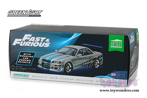 Greenlight - Artisan Fast & Furious - Nissan Skyline GT-R (R34) With Blue Neon LED Lights  (1999, 1/18 scale diecast model car, Silver/Blue) 19041