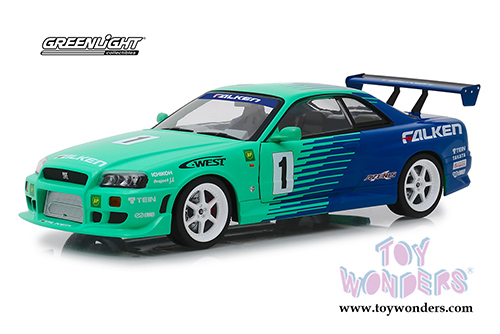 Greenlight - Artisan Nissan Skyline GT-R BNR34 #1 Falken Tires (1999, 1/18 scale diecast model car, Green/Blue) 19050