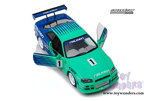 Greenlight - Artisan Nissan Skyline GT-R BNR34 #1 Falken Tires (1999, 1/18 scale diecast model car, Green/Blue) 19050