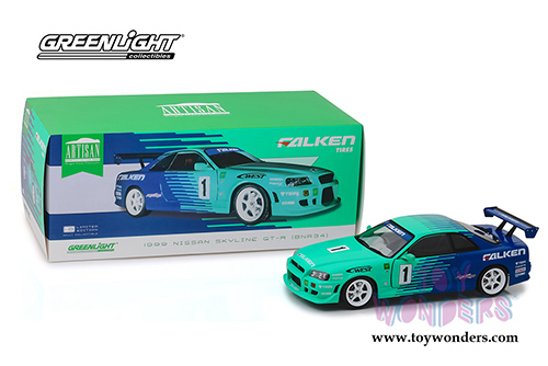 Greenlight - Artisan Nissan Skyline GT-R BNR34 #1 Falken Tires (1999, 1/18 scale diecast model car, Green/Blue) 19050