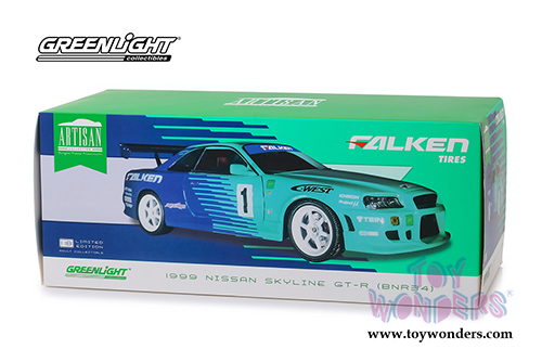 Greenlight - Artisan Nissan Skyline GT-R BNR34 #1 Falken Tires (1999, 1/18 scale diecast model car, Green/Blue) 19050