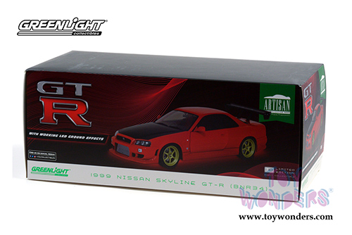 Greenlight - Artisan Nissan Skyline GT-R R34 with Neon LED Light Underglow (1999, 1/18 scale diecast model car, Red/Black) 19052