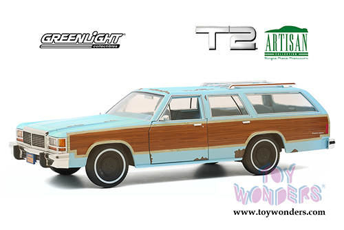 Greenlight - Artisan Ford LTD Country Squire with Wood Grain Paneling (Weathered) "Terminator 2: Judgment Day" (1979, 1/18 scale diecast model car, Light Blue) 19085