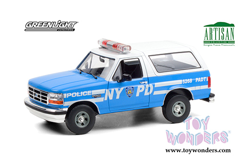 Greenlight - Artisan Ford Bronco Police Car (NYPD) New York City Police Department (1992, 1/18 scale die cast model car, Light Blue/White) 19087