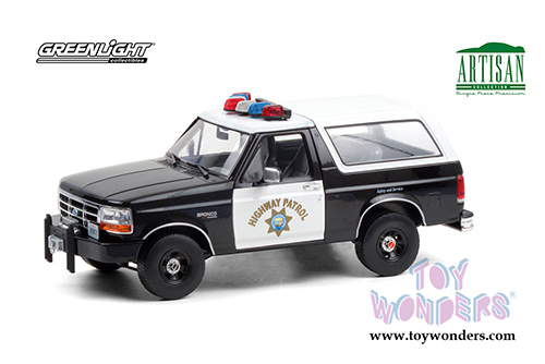 Greenlight - Artisan Ford Bronco Police Car (CHP) California Highway Patrol (1995, 1/18 scale die cast model car, Black/White) 19089