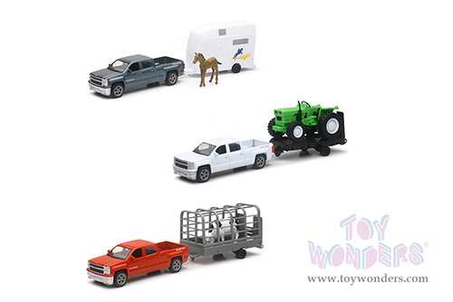 New Ray - Country Life | Chevrolet® Silverado 1500 Crew Cab Pickup Trucks with Farm Trailers Assortment (1/43, scale diecast model car, Asstd.) 19595