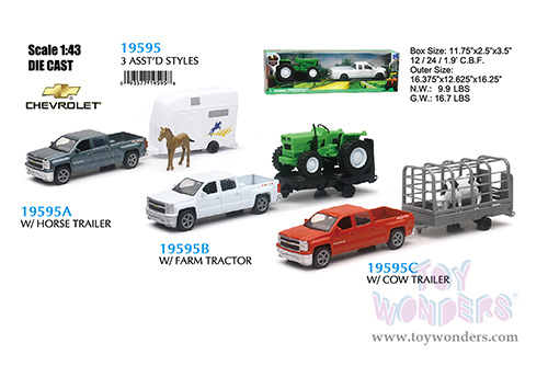 New Ray - Country Life | Chevrolet® Silverado 1500 Crew Cab Pickup Trucks with Farm Trailers Assortment (1/43, scale diecast model car, Asstd.) 19595