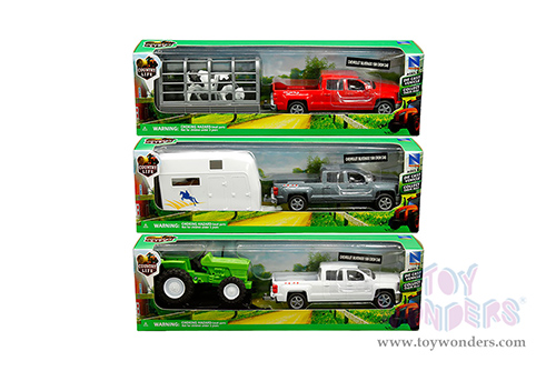 New Ray - Country Life | Chevrolet® Silverado 1500 Crew Cab Pickup Trucks with Farm Trailers Assortment (1/43, scale diecast model car, Asstd.) 19595