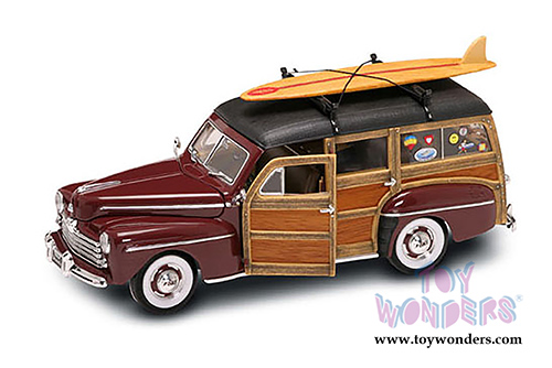 Lucky Road Signature - Ford Woody w/ Surfboard (1948, 1/18 scale diecast model car, Burgundy) 20028BG