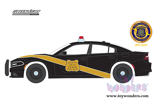 Greenlight - Anniversary Collection Series 6 | Dodge Charger Police Pursuit  Michigan State Police 100th Anniversary Patrol Car (2016, 1/64 scale diecast model car, Black) 27940E/48